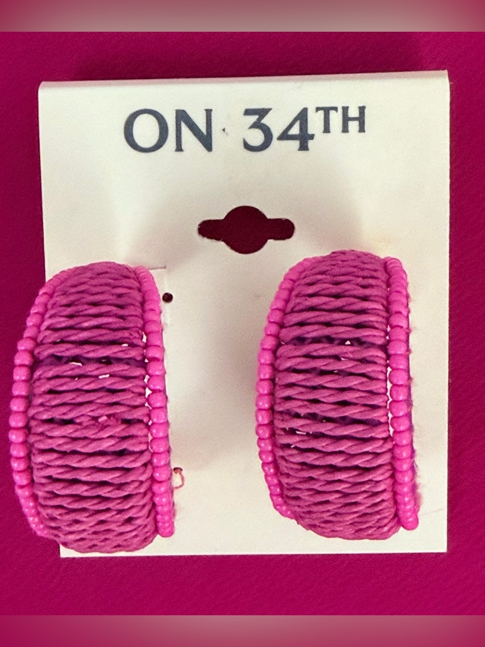 ON 34TH Fun Neon Pink Funky Resort Weat Braided Hoop Earrings. NWT